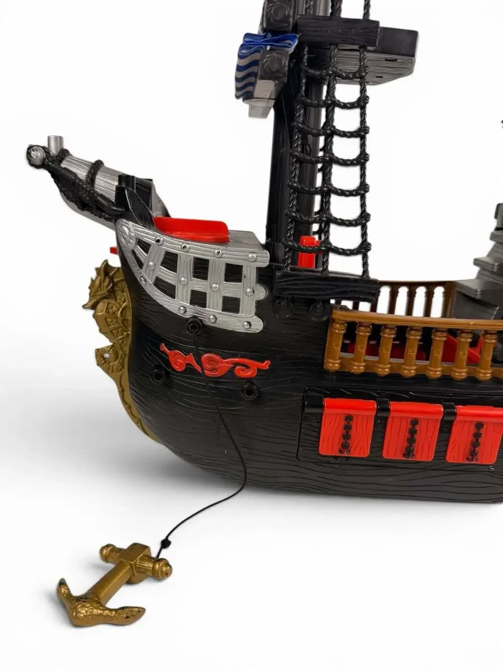 2006 Fisher-Price Imaginext Pirate Ship Toy (Black with Blue and White Sails)
